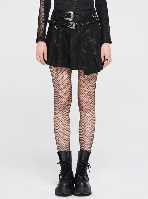 Metal Buckle Belt Metal Eyelets Loop Decoration Irregular Hem Black Print Punk Skirt