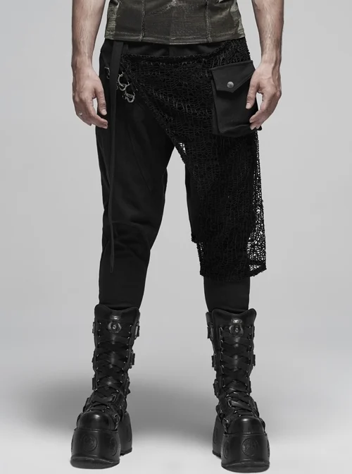 Metal Buckle Decoration Splice Mesh Low-Grade Black Punk Pants