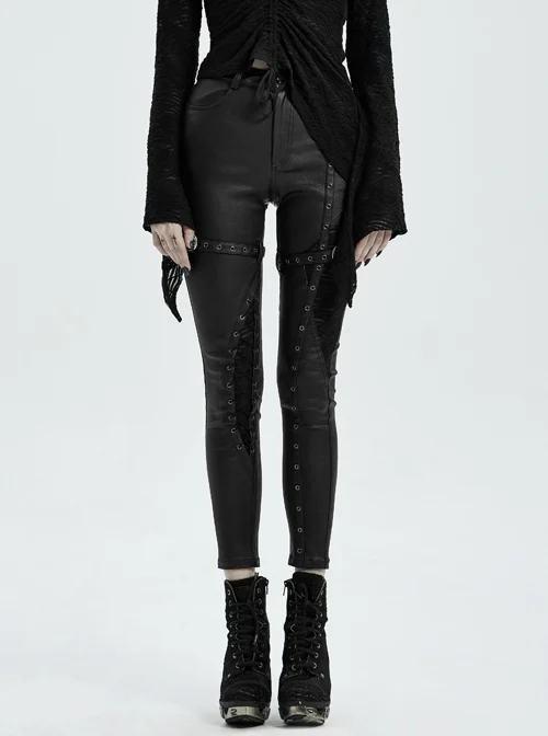 Metal Buckle Leather Leg Loop Splice Knit Lace-Up Black Punk Tight Trousers