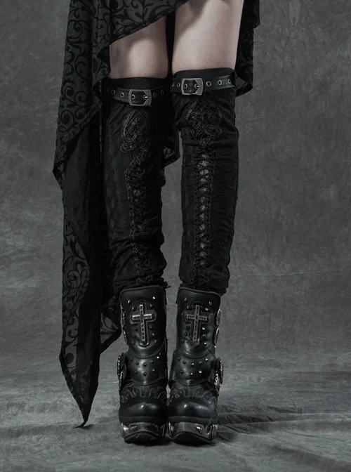 Metal Buckle Loop Lace-Up Front Embroidery Black Gothic Leg Sleeve