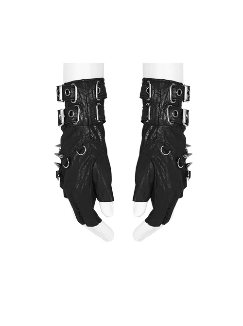 Metal Buckle Rivet Decoration Wrist Half Hollow-Out Black Punk Imitation Leather Gloves