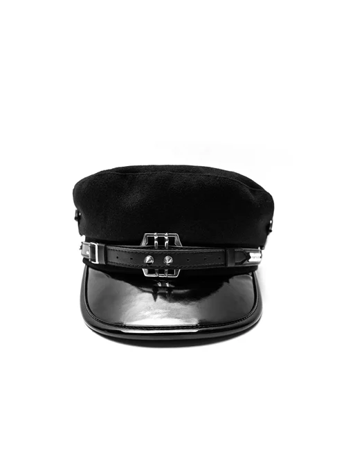 Metal Buckle Rivet Loop Leather BrimBlack Punk Woolen Beret