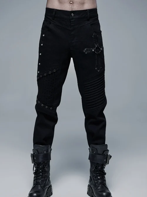 Metal Eyelets Decoration Spliced Crack Texture Imitation Leather Black Punk Pants