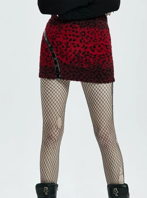 Metal Eyelets Leather Strap Decoration Red Punk Leopard Print Camo Fleece Skirt
