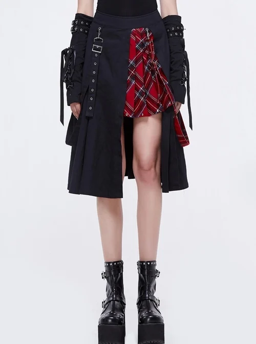 Metal Eyelets Loop Decoration Splice Red Scottish Plaid Black Punk Skirt