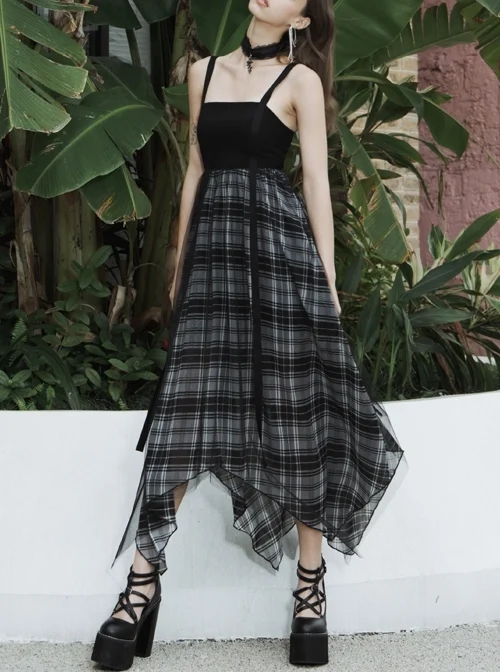 Metal Eyelets Shoulder Strap Irregular Hem Black Plaid Punk Long Chiffon Slip Dress