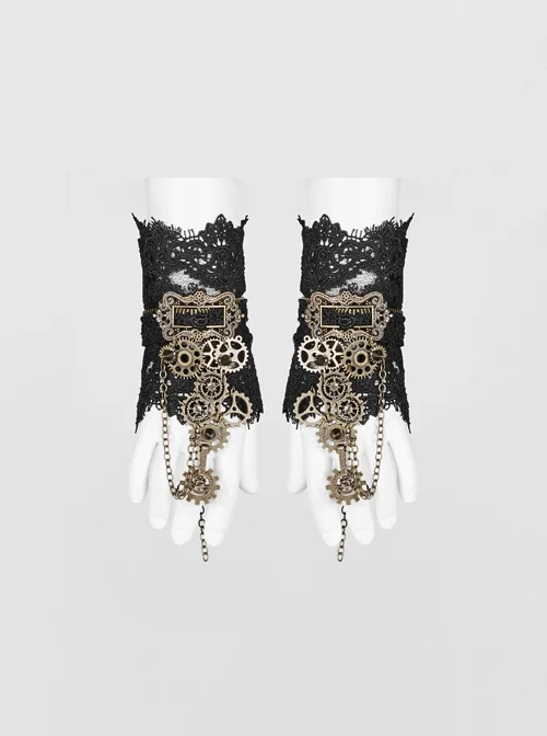 Metal Gear Decorative Retro Button Metal Chain Black Punk Gloves
