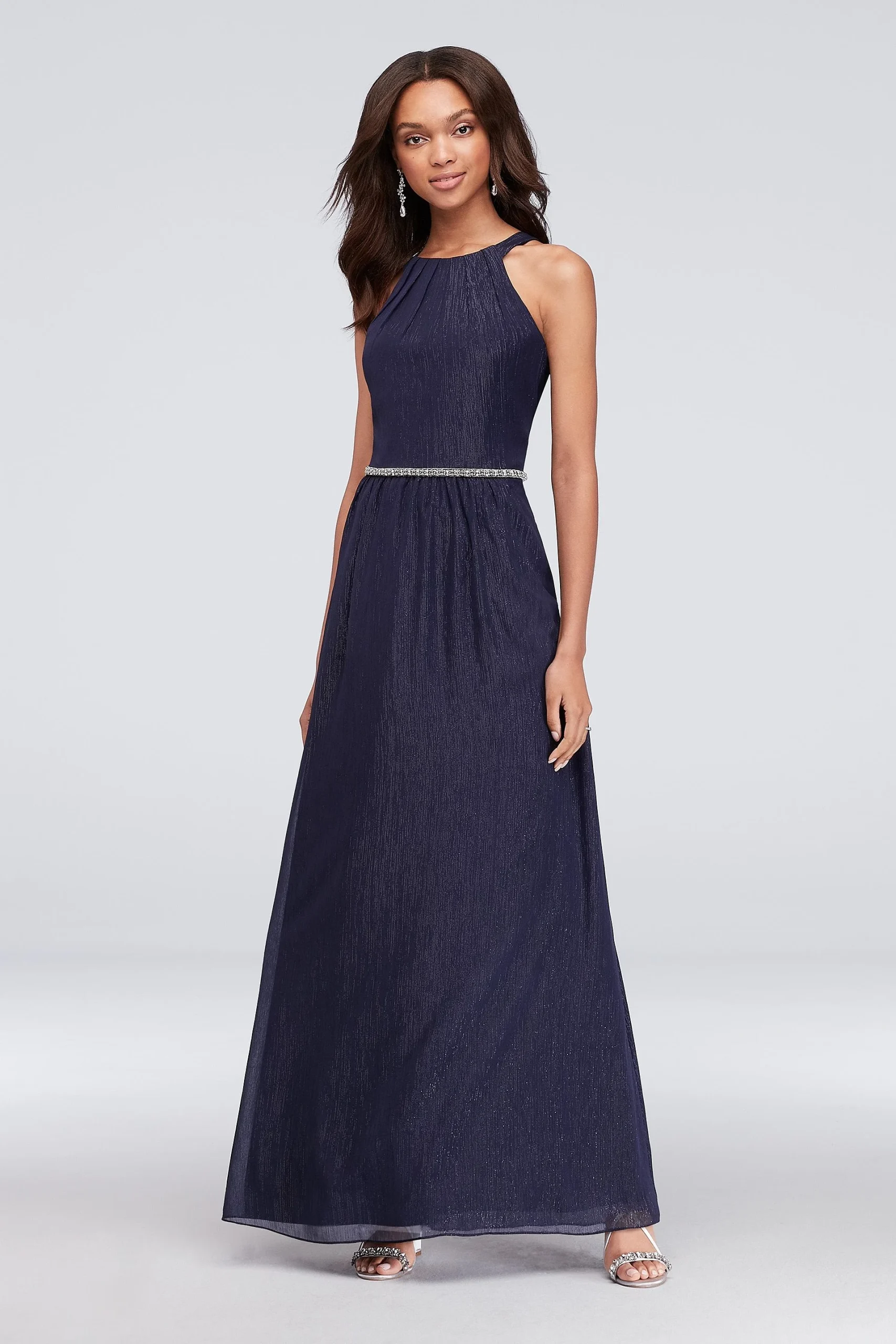 Metallic Chiffon Halter Dress with Beaded Belt