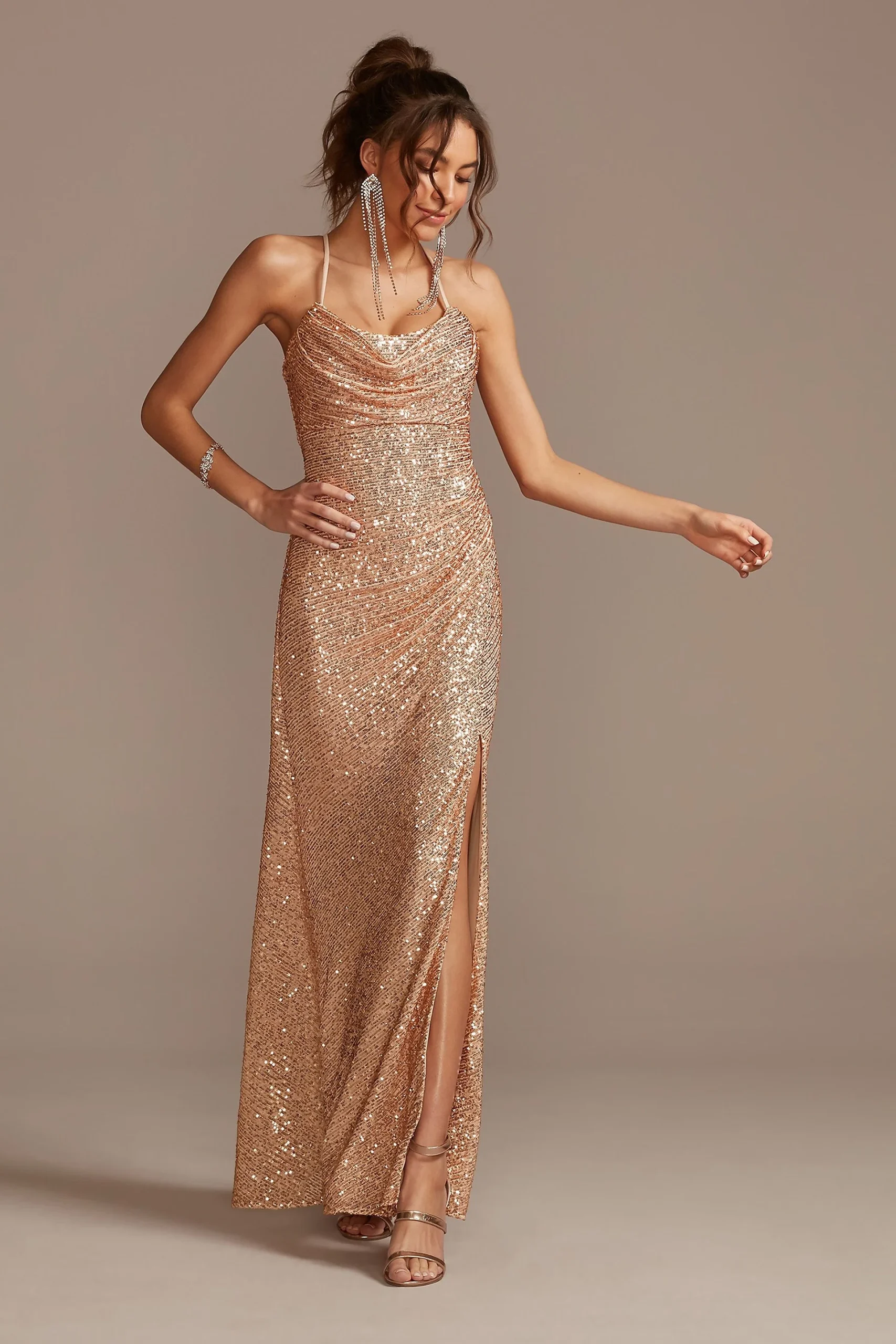 Metallic Cowl Neck Slip Dress with Ruching