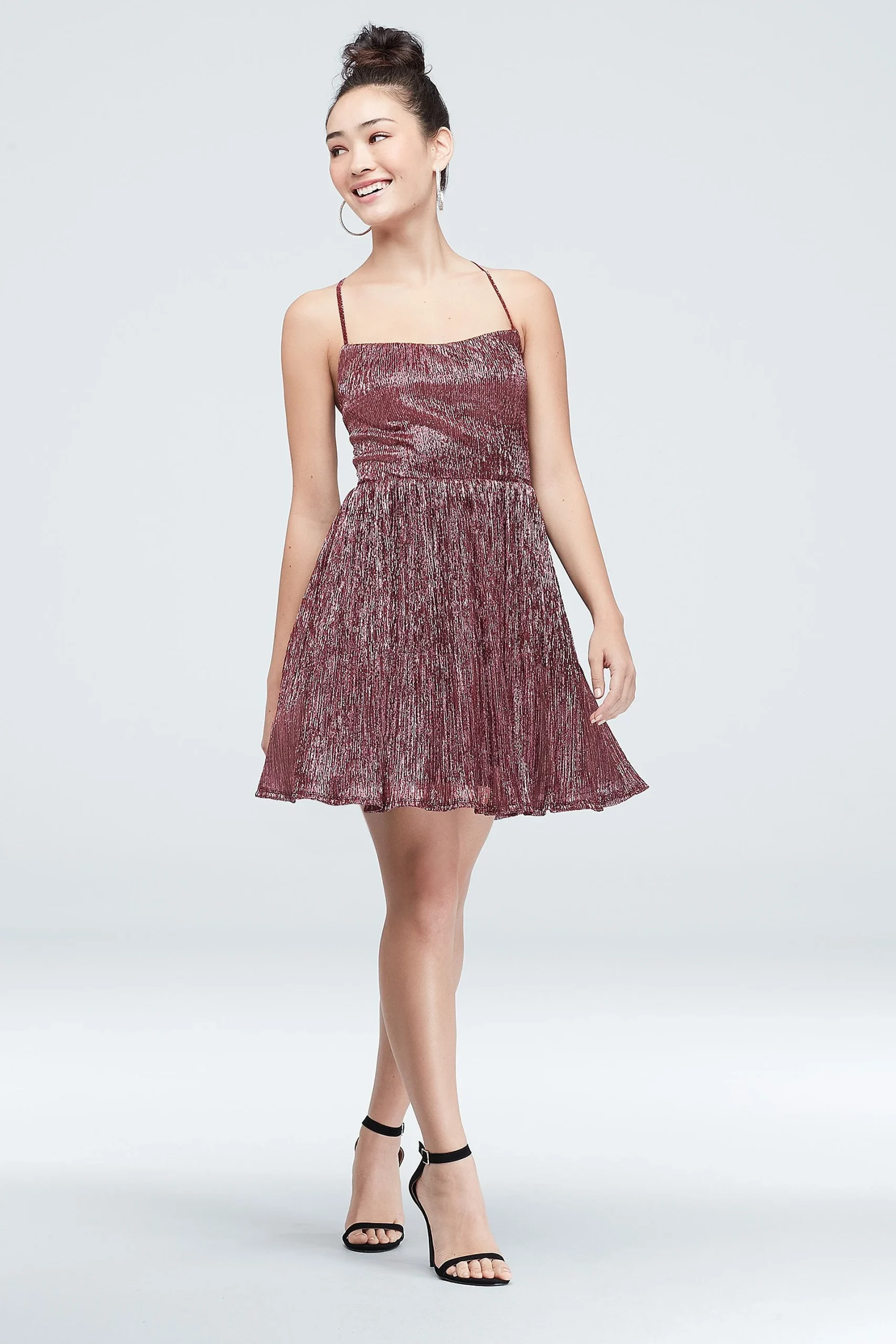 Metallic Crinkle Mini Dress with Lace Up Straps