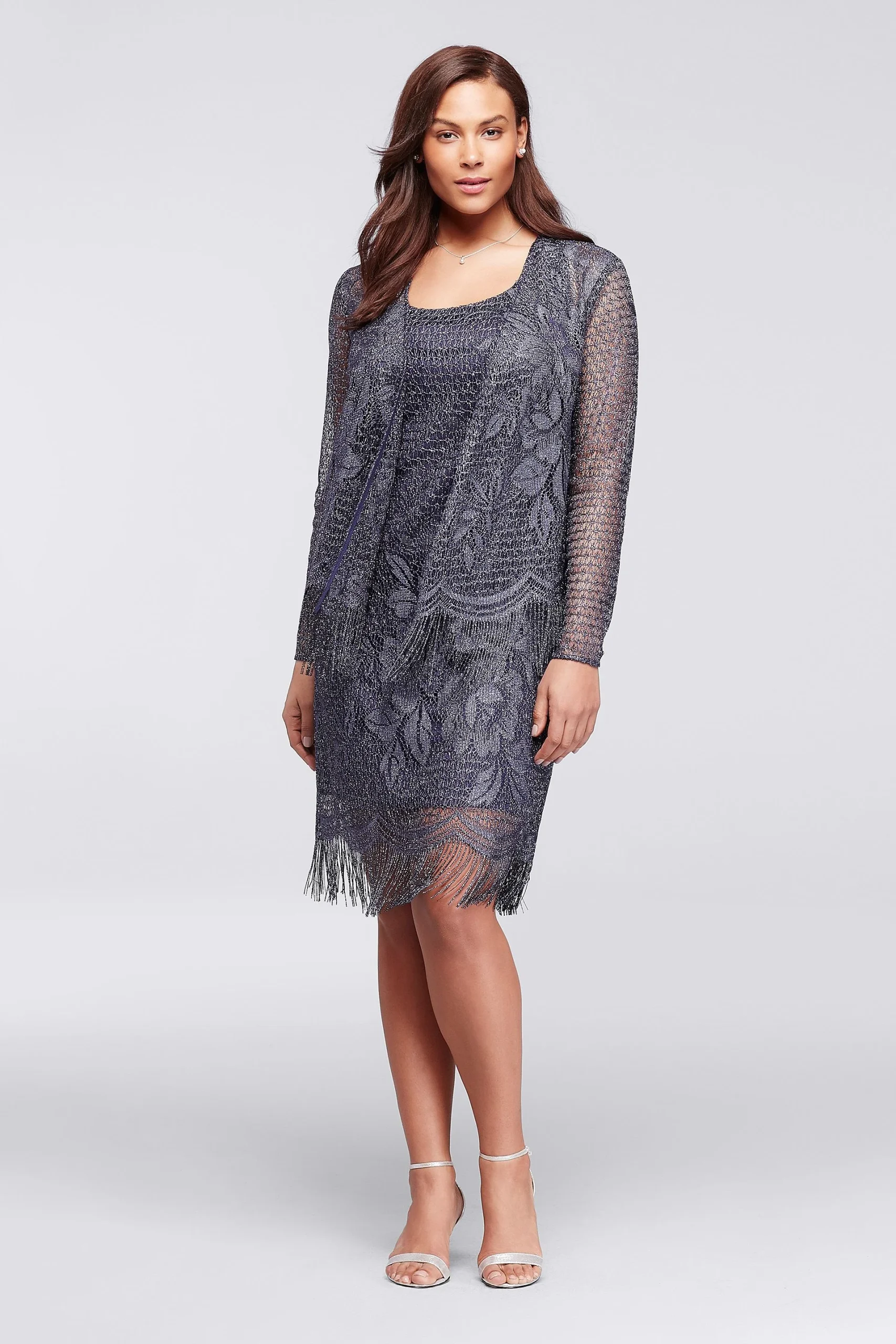 Metallic Crochet Jacket Dress with Fringe