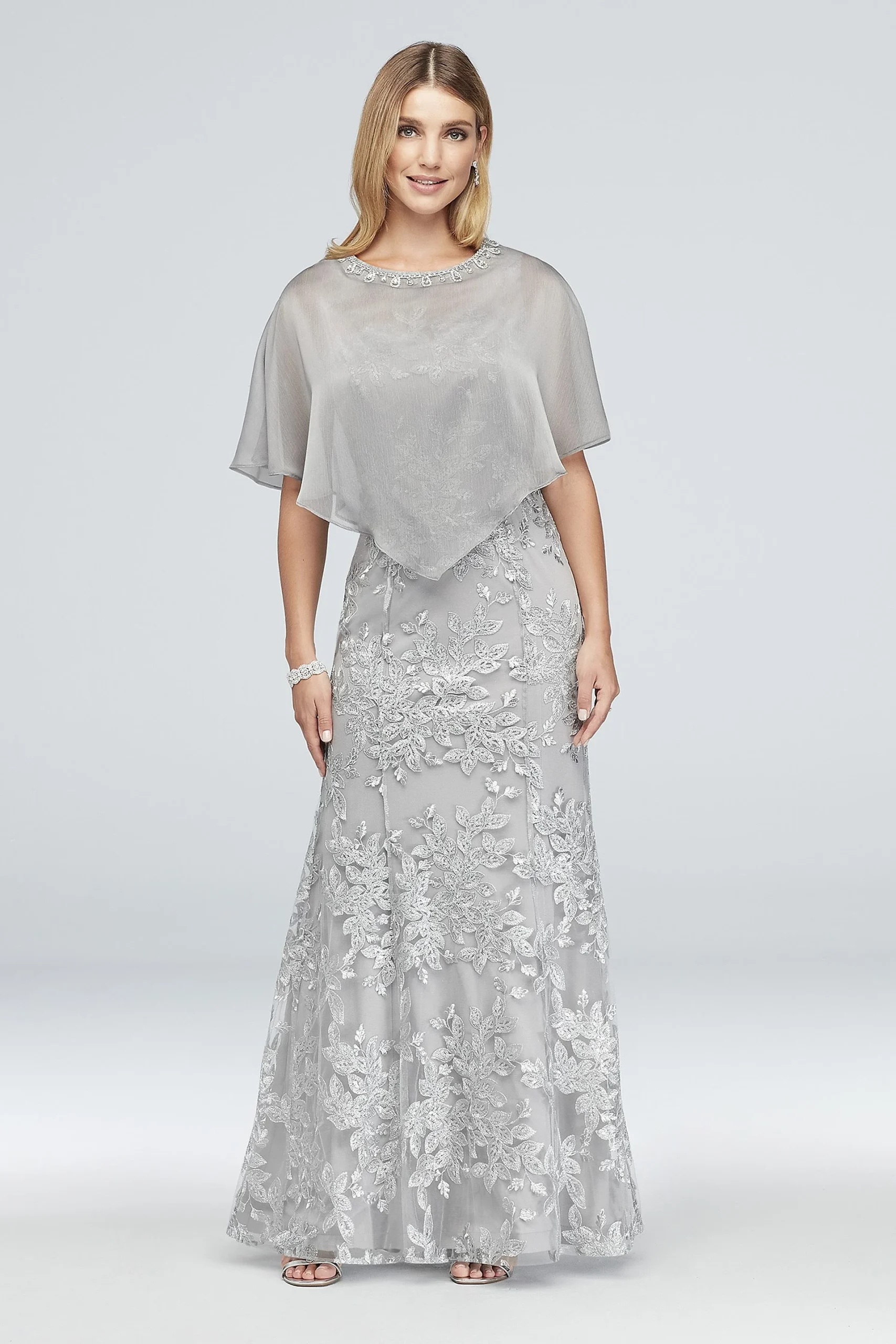 Metallic Embroidered Floral Mermaid Dress and Cape