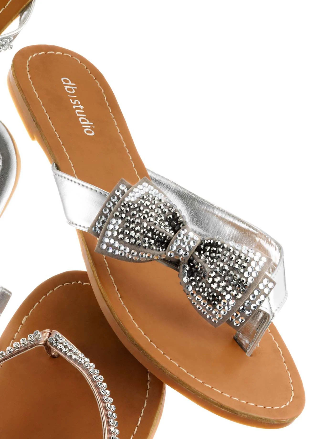 Metallic Flip Flop with Crystal Bow