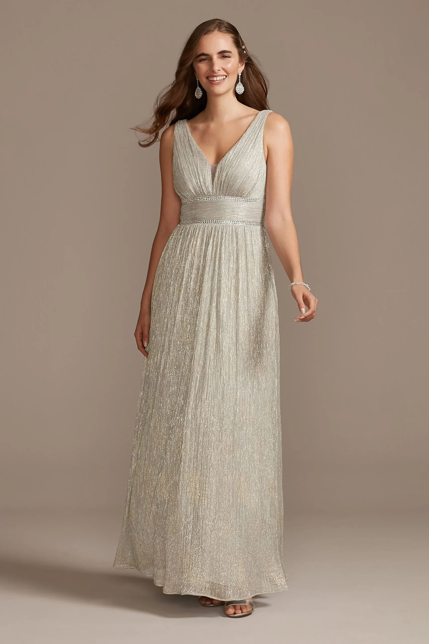 Metallic Foil Plunge Gown with Crystal Waist Bands