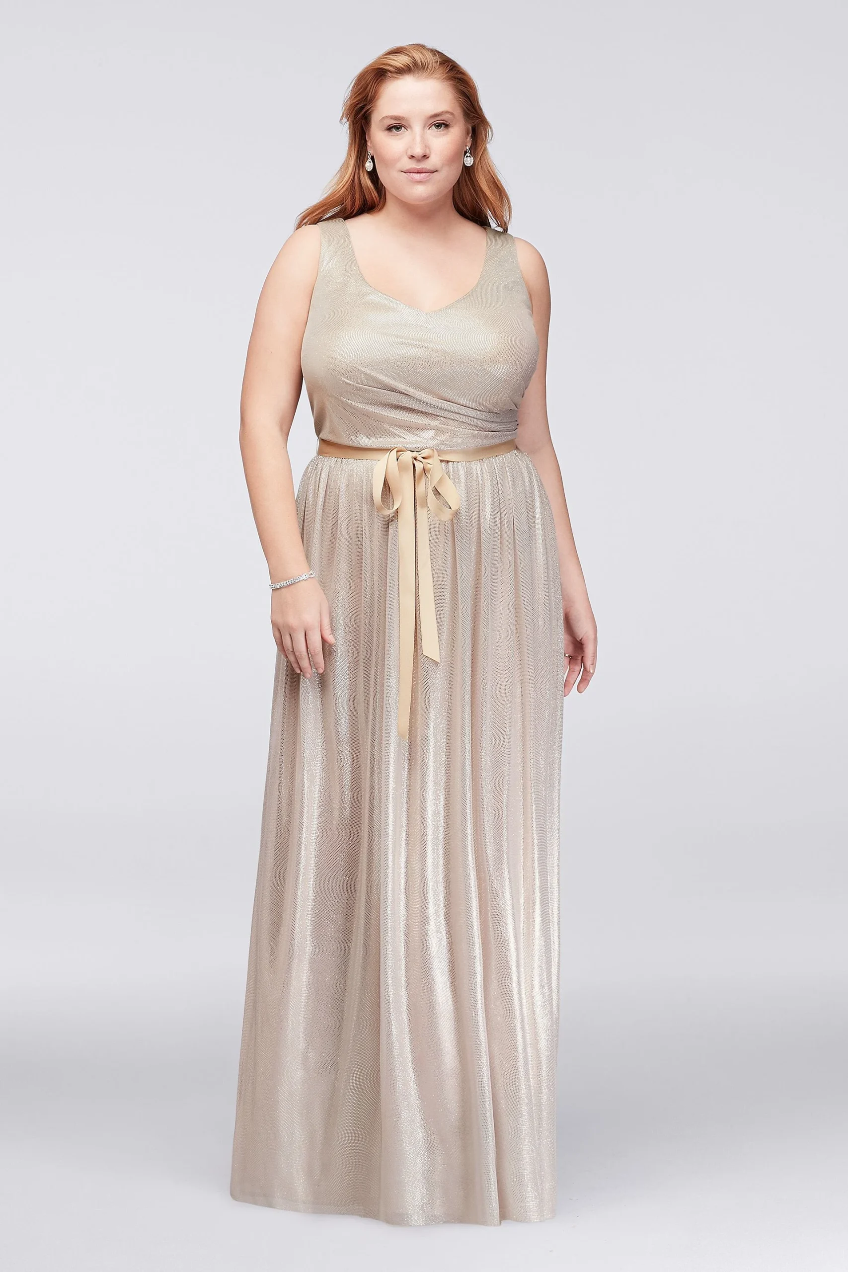 Metallic Foil Plus Size Gown with Ruched Waist
