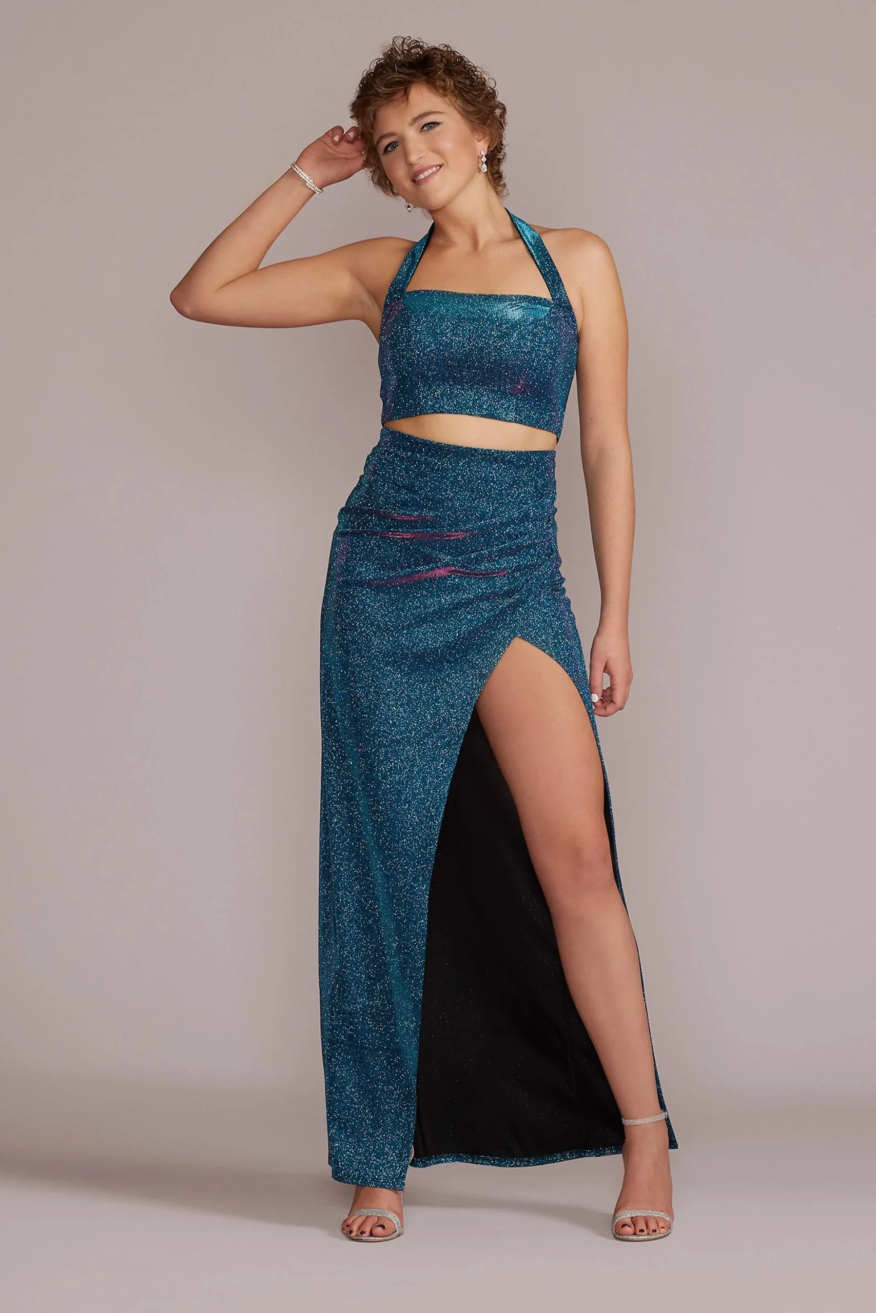 Metallic Glitter Two-Piece Set with Slit Skirt