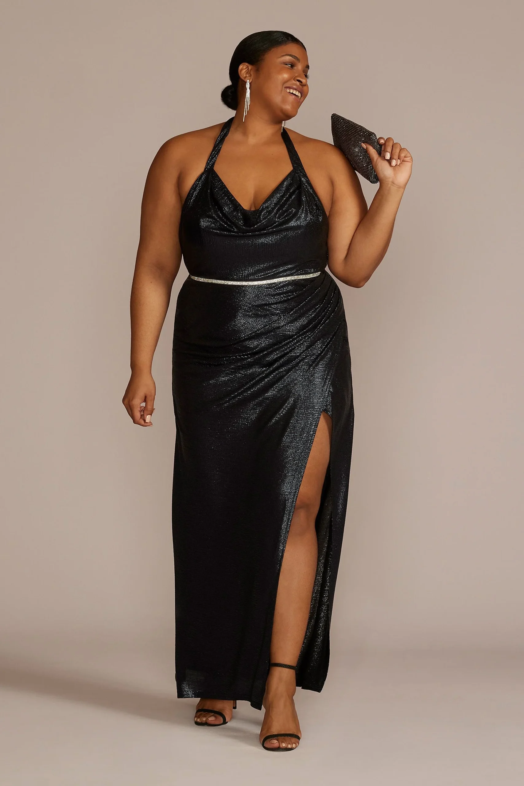 Metallic Halter Cowl Neck Sheath with Slit