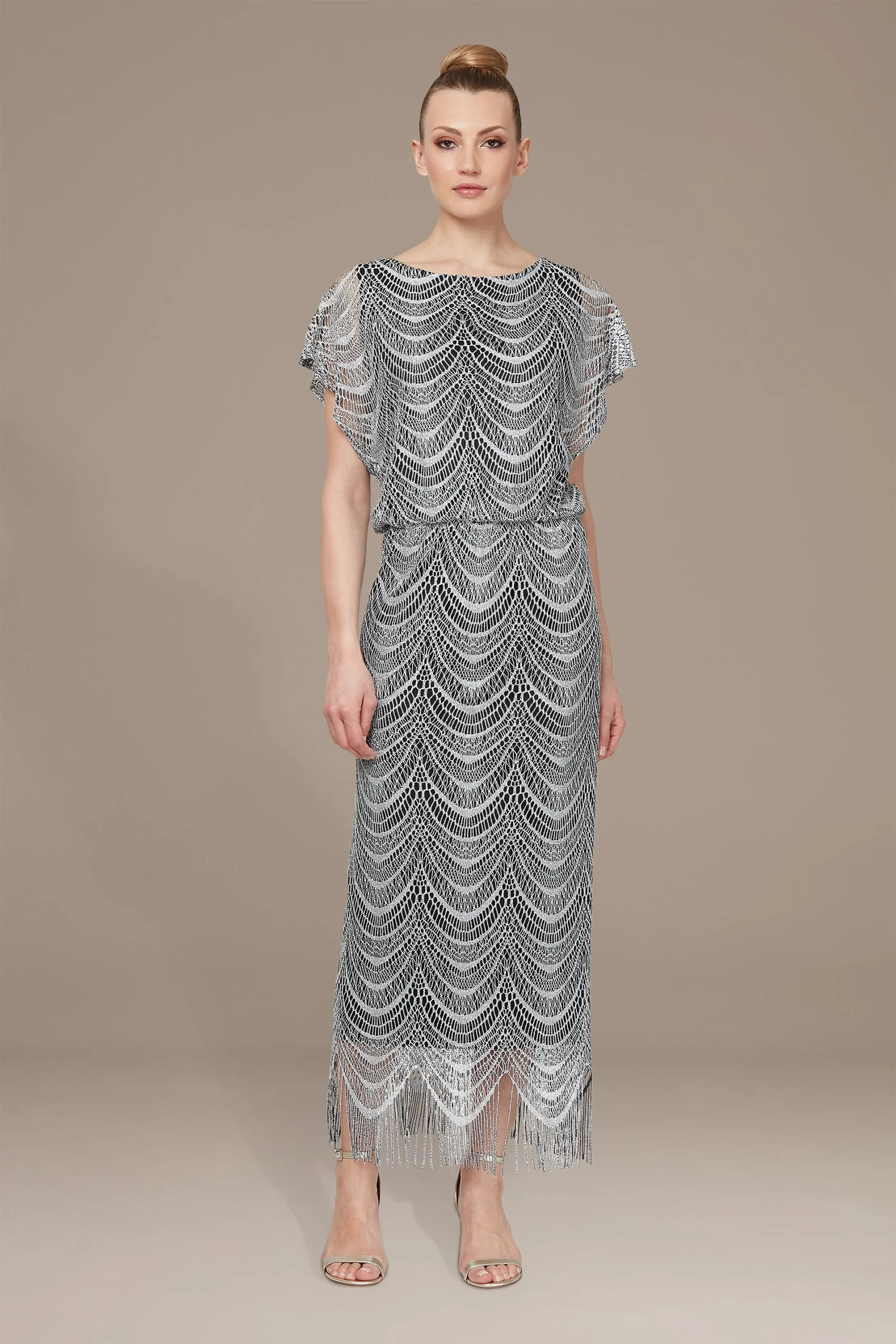 Metallic Lace Blouson Fringe Hem Dress