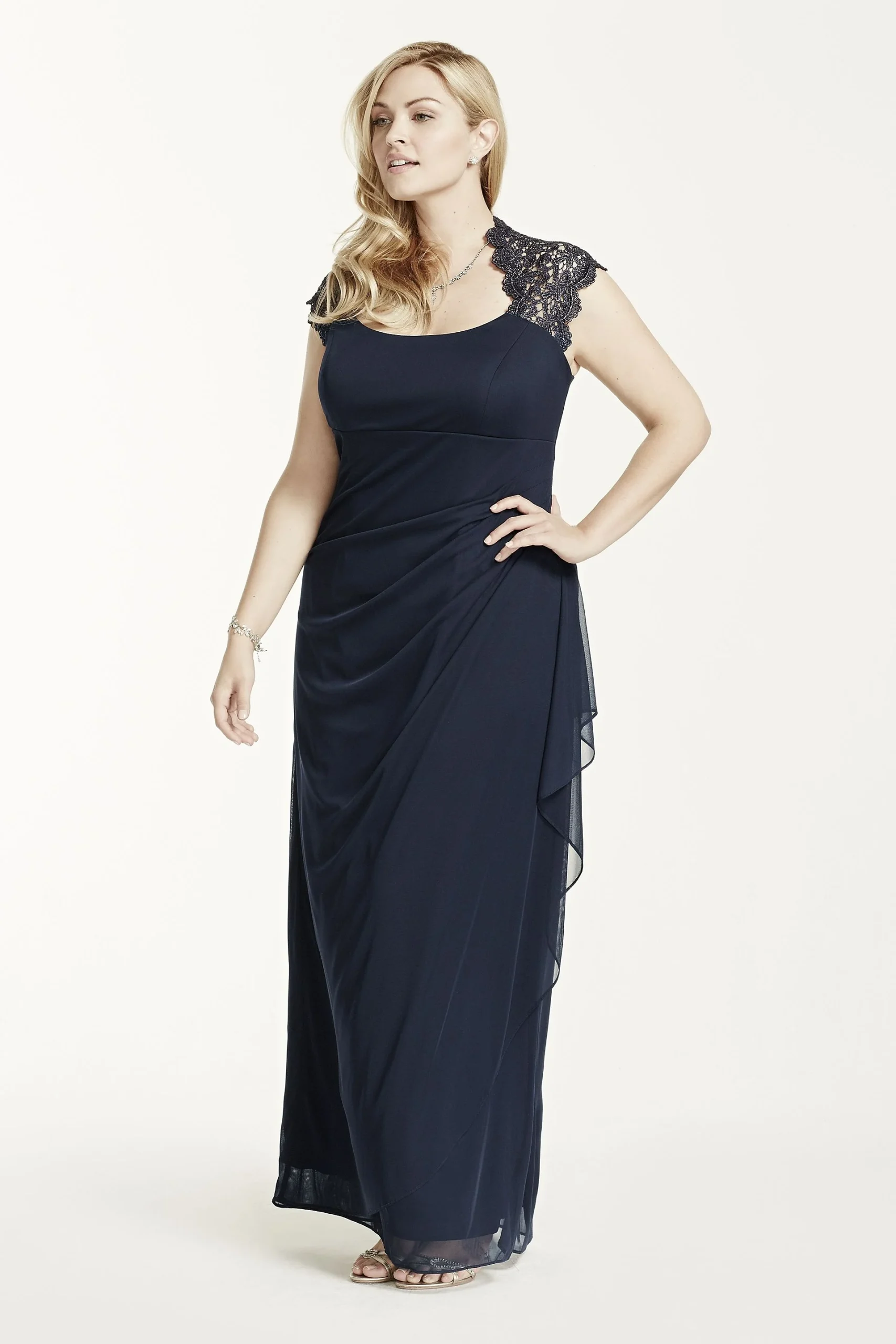 Metallic Lace Cap Sleeve Long Jersey Dress