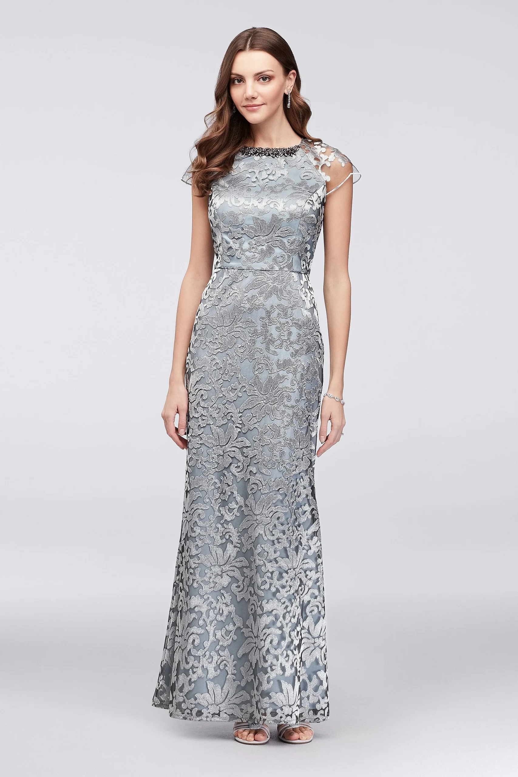 Metallic Lace Cap Sleeve Sheath with Neck Beading
