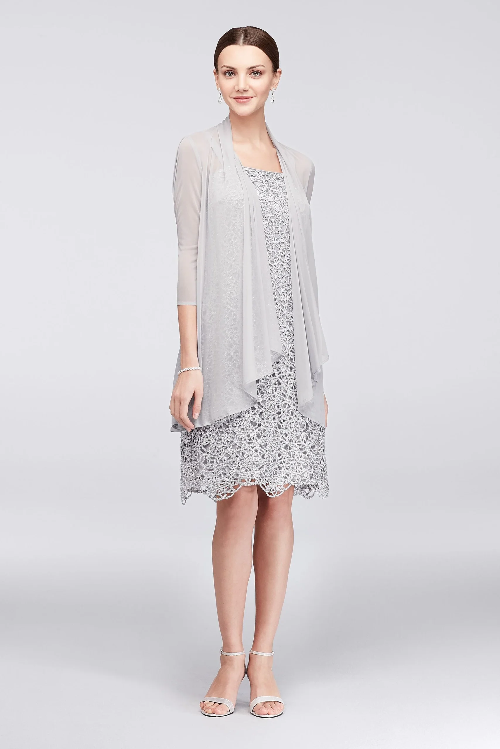 Metallic Lace Sheath Dress with Chiffon Jacket