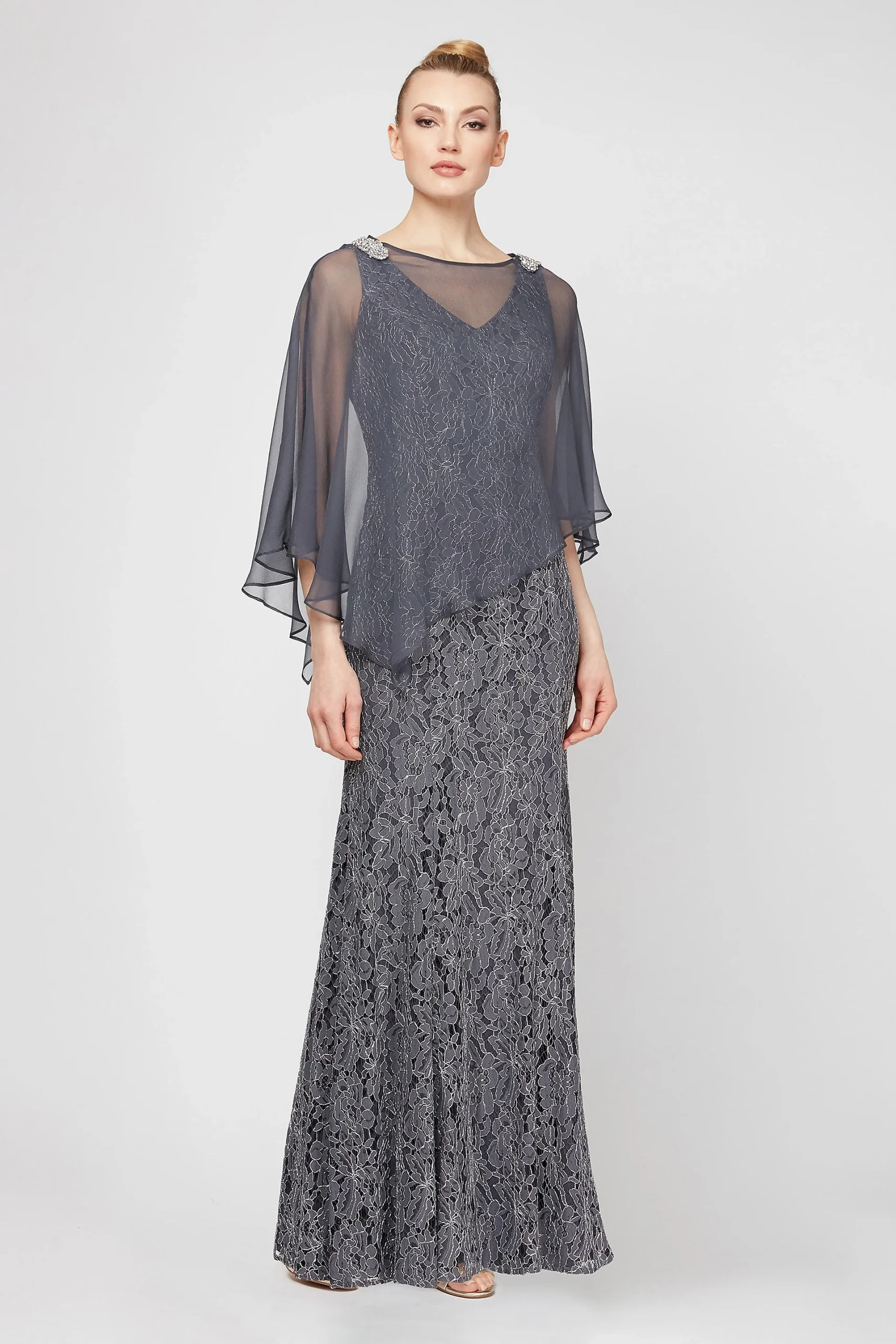 Metallic Lace Sheath Dress with Removable Capelet