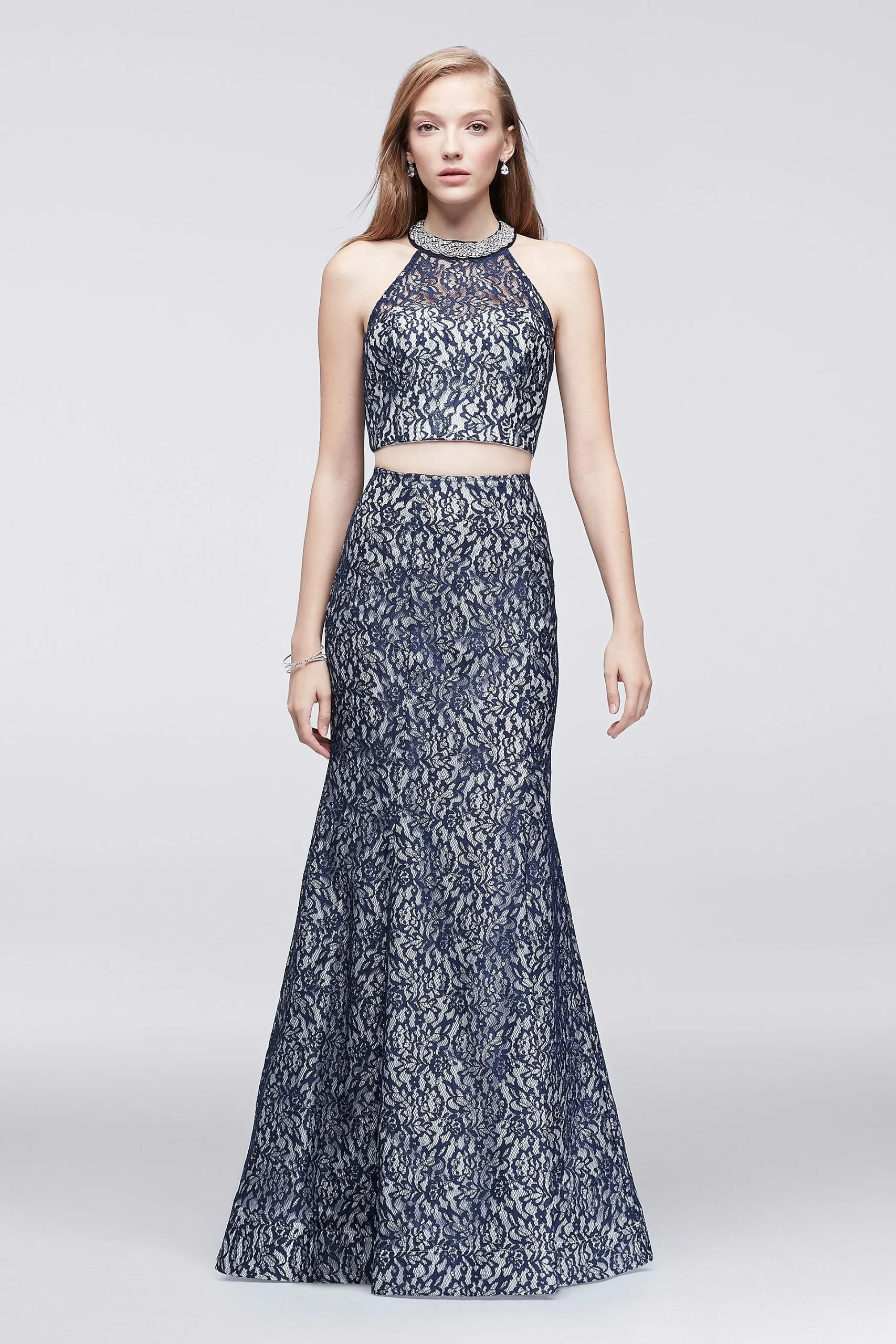 Metallic Lace Two-Piece Dress with Beaded Neckline