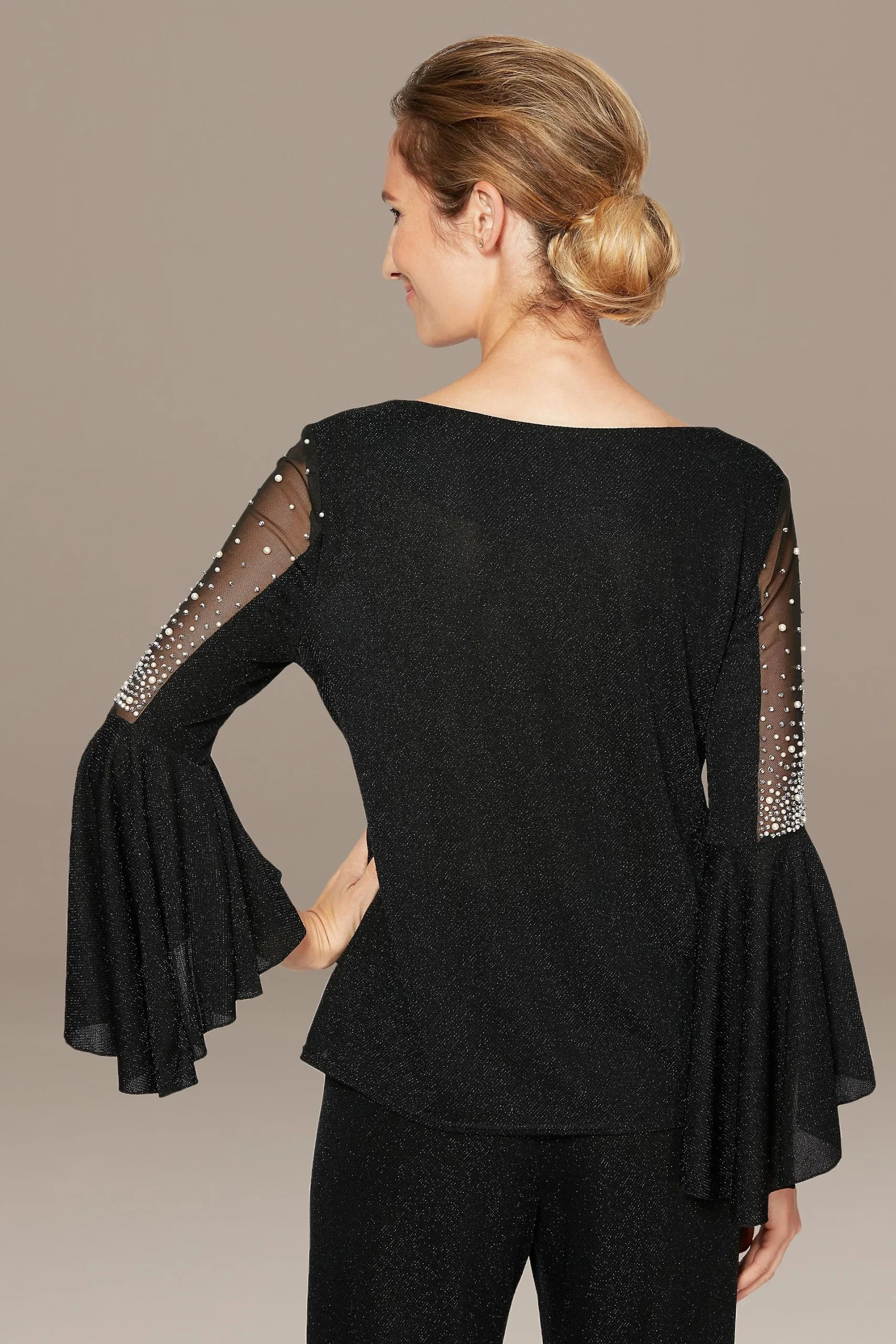 Metallic Petite Blouse with Beaded Illusion Sleeve