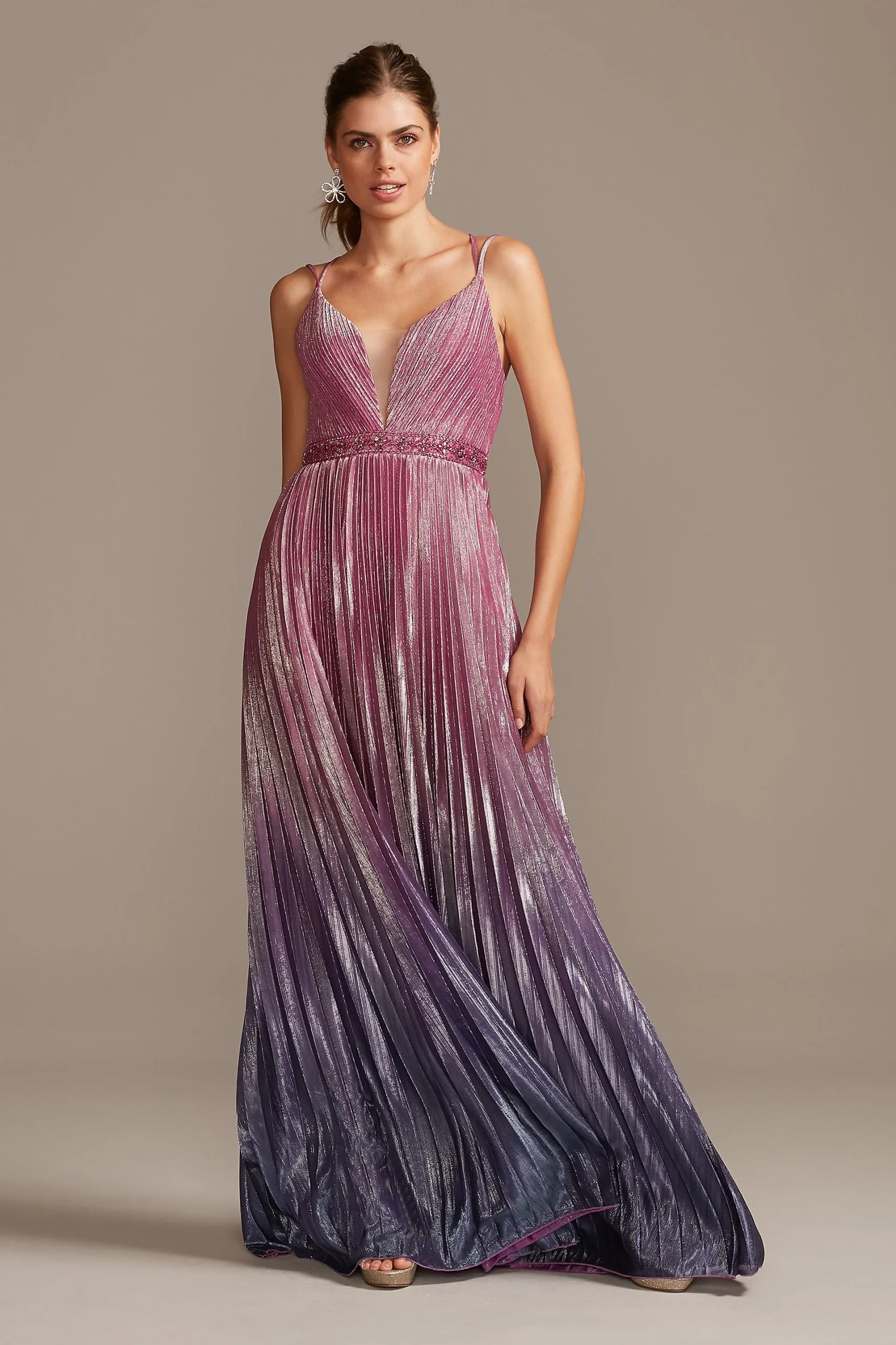 Metallic Pleated Ombre Gown with Plunge Illusion