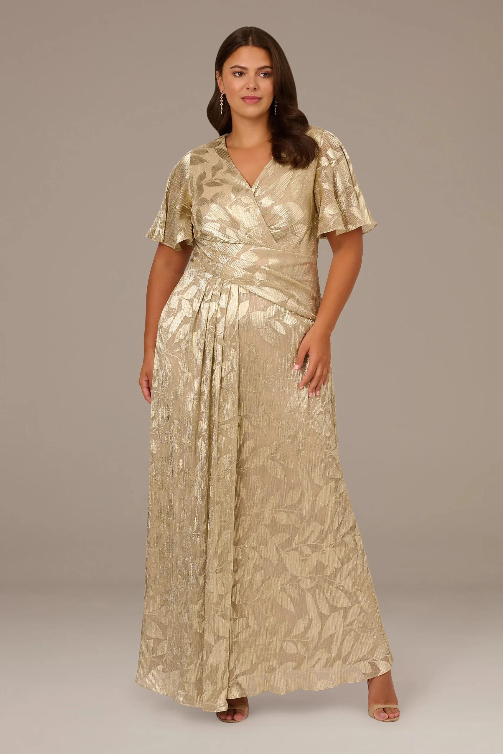 Metallic Print Flutter Sleeve Sheath Dress