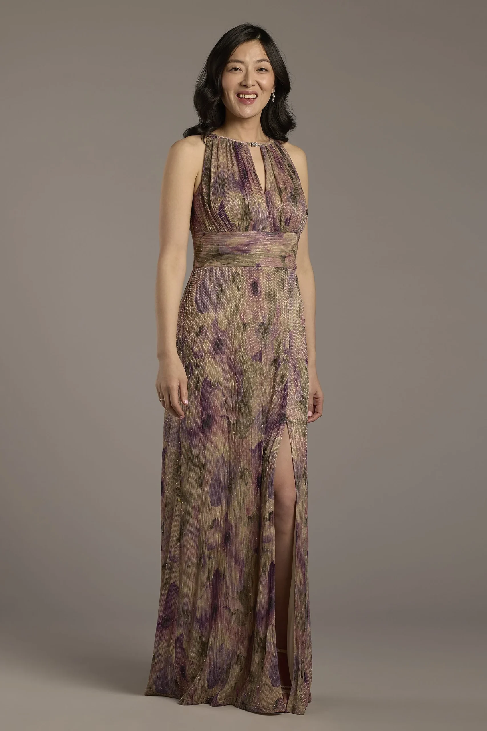 Metallic Print High Neck Sheath Dress with Keyhole