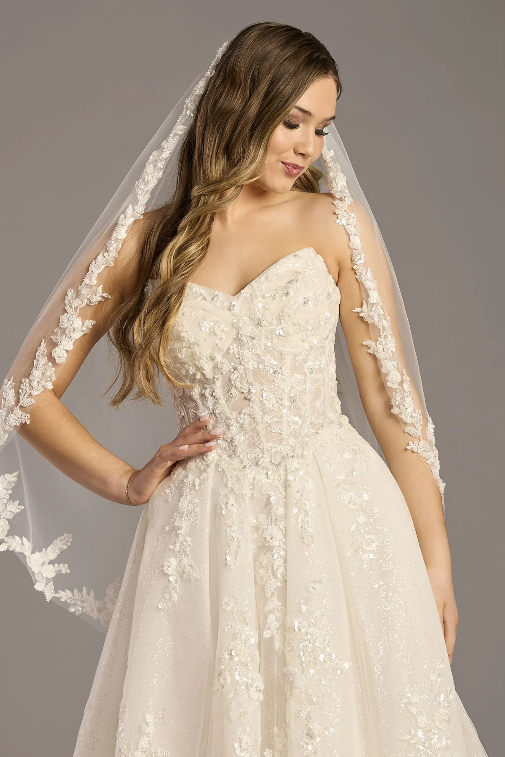 Mid-Length Veil with Beaded Applique Trim