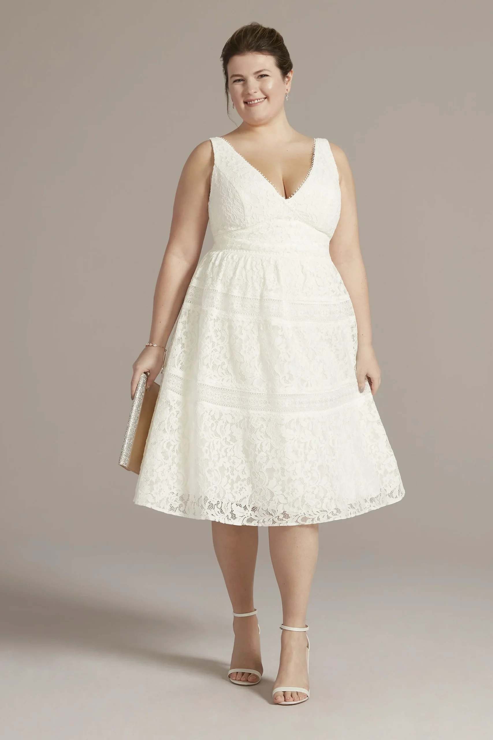 Midi-Length Lace V-Neck Dress with Banded Trim