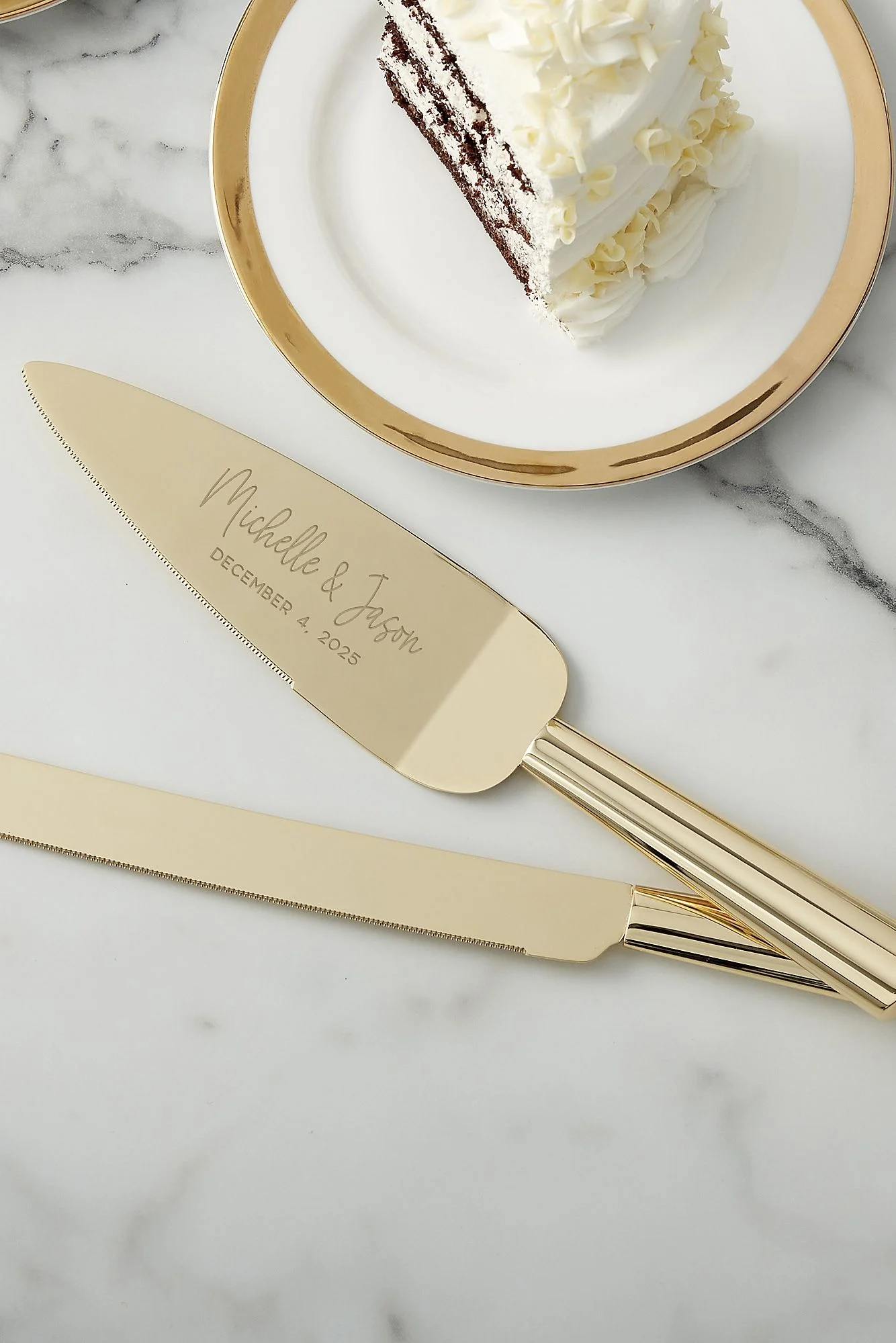 Modern Engraved Gold Cake KnifeServer Set