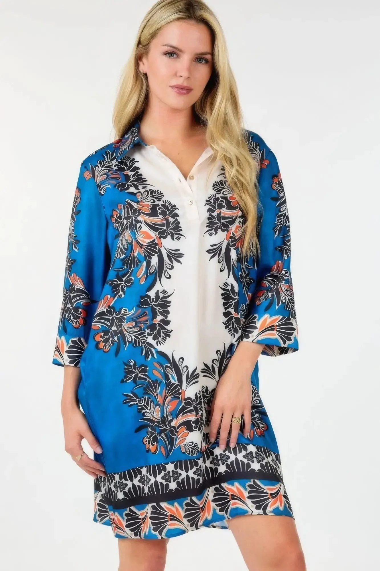Multi Colored Collar Neck 3/4 Sleeve Dress