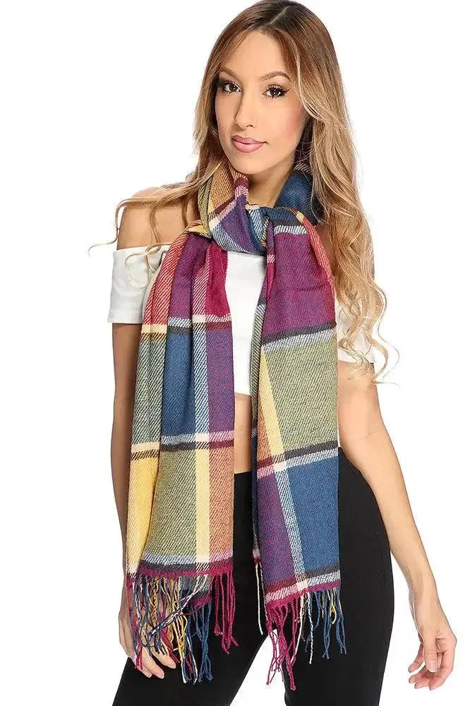Mustard Royal Blue Plaid Print Fringed Edges Scarf