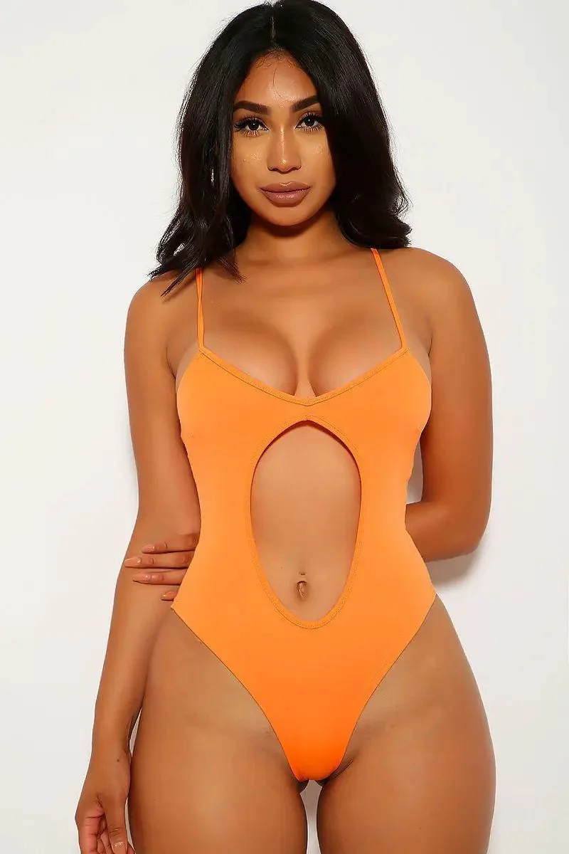 Neon Orange Cut Out Pants Coverup Two Piece Swimsuit