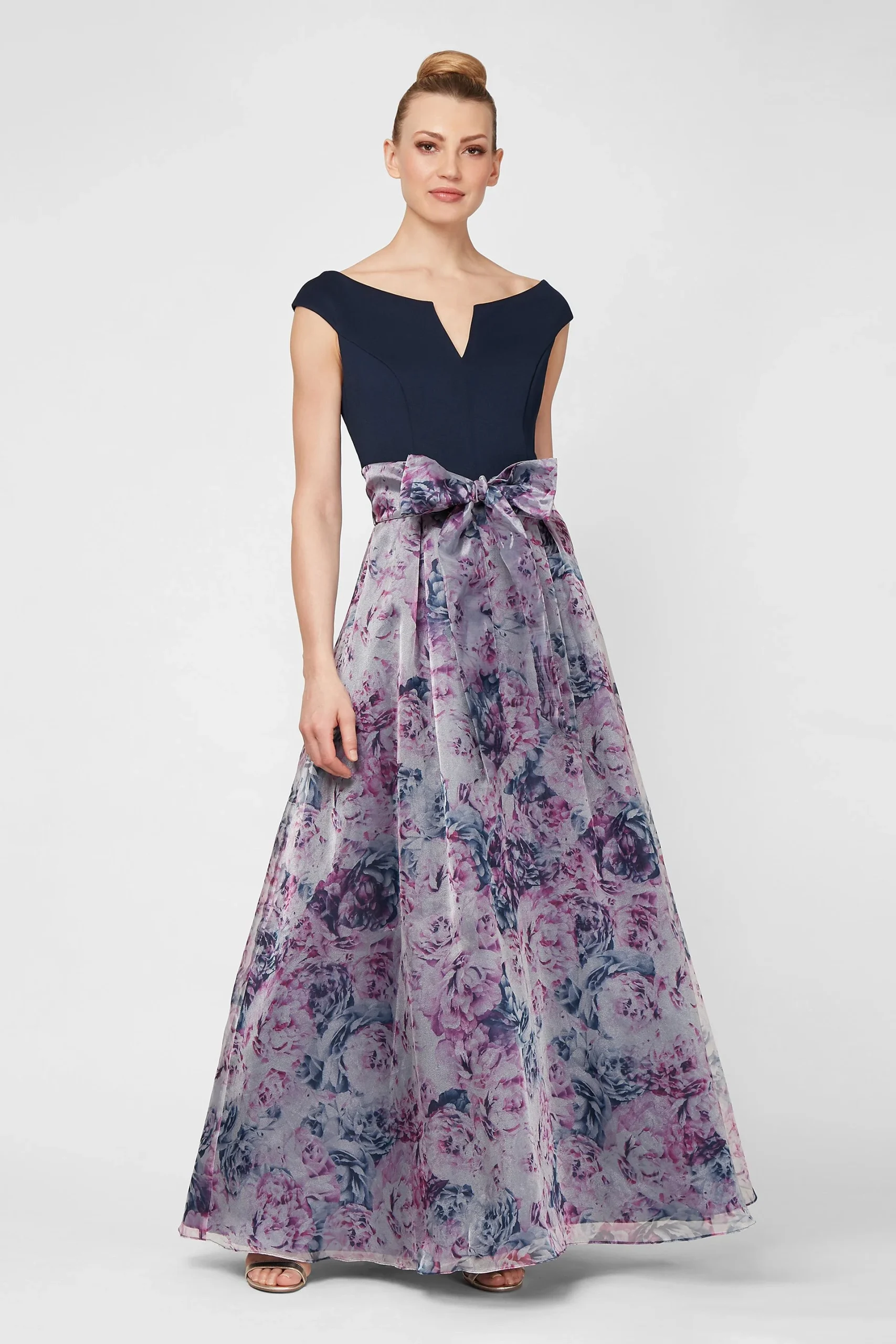 Notched Off-the-Shoulder Floral Organza Ball Gown