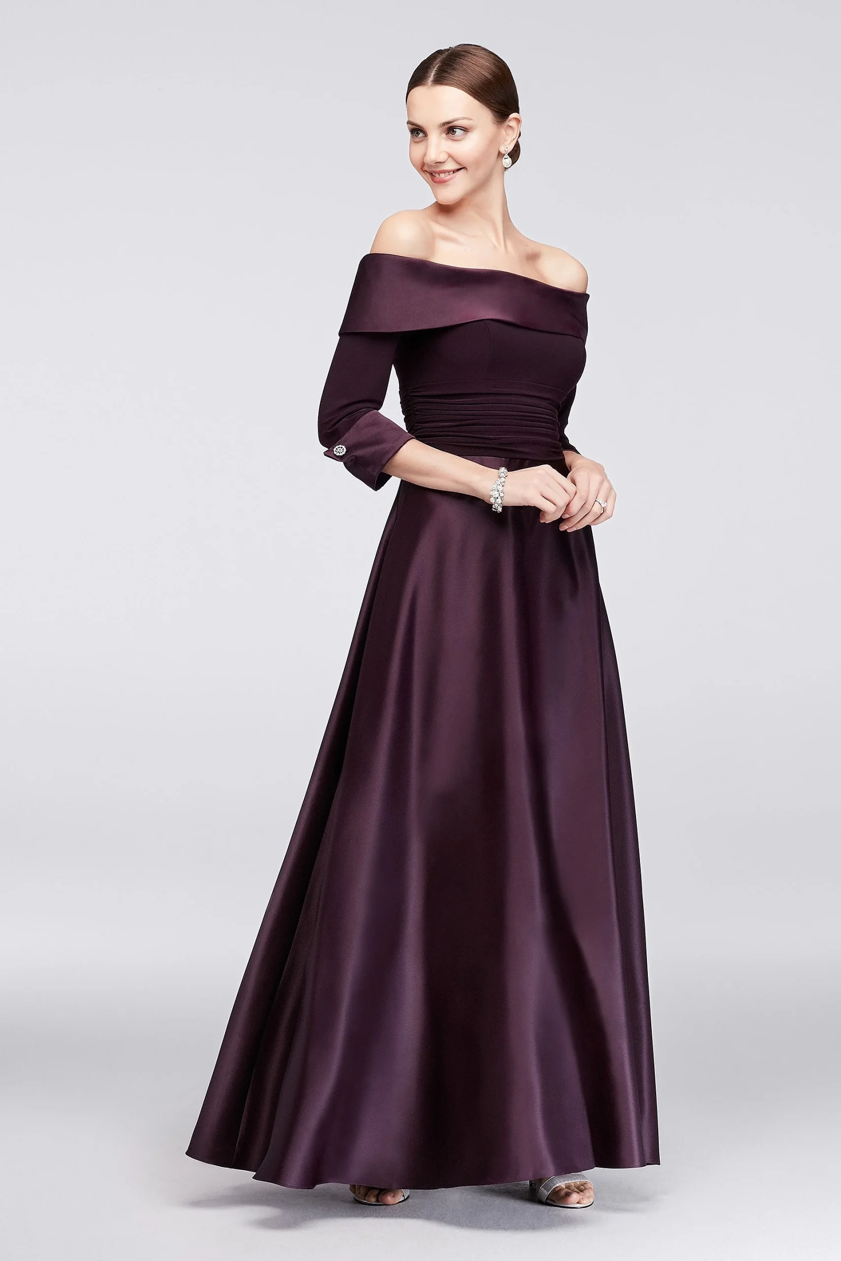 Off-The-Shoulder 3/4-Sleeve Satin Ball Gown