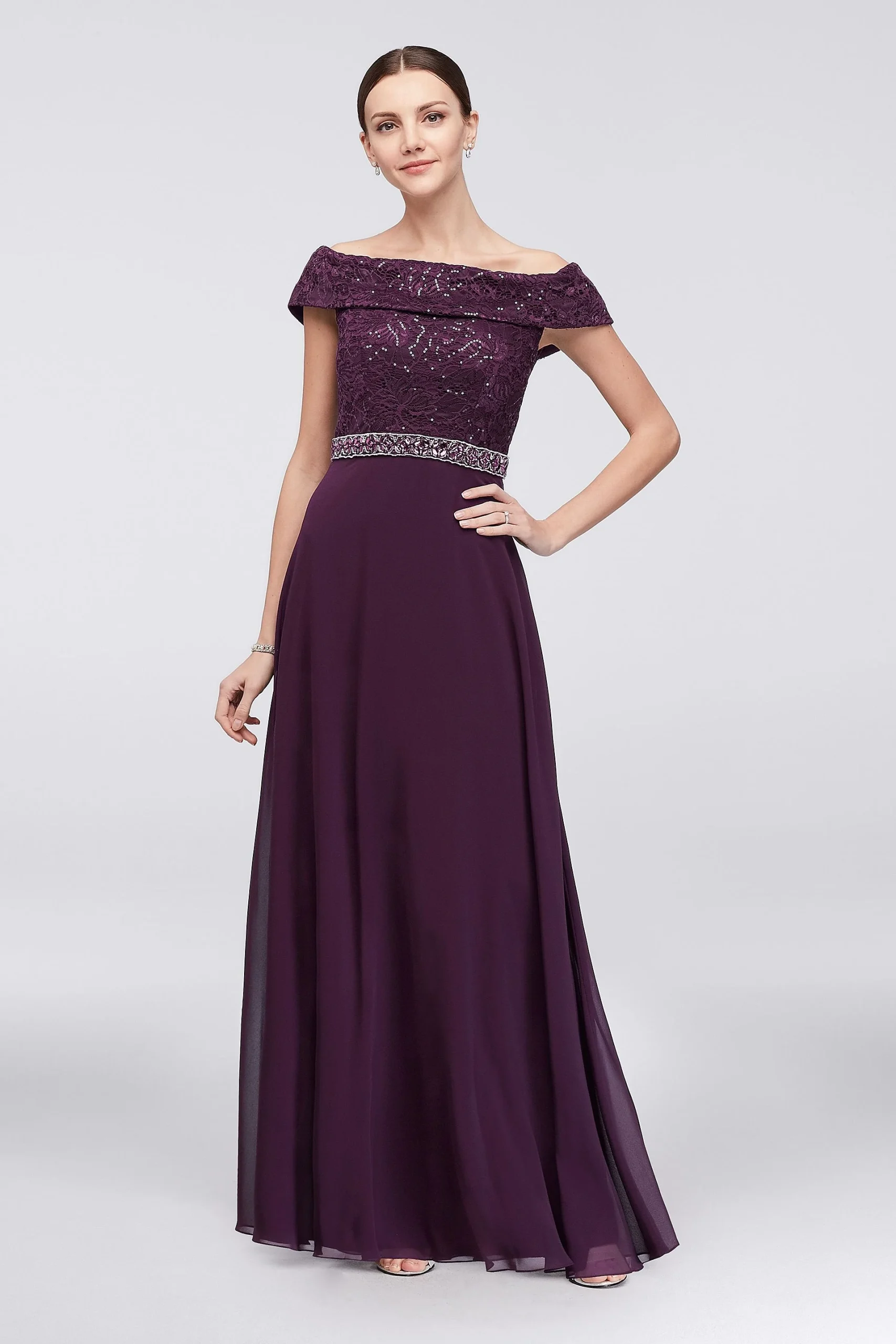Off-the-Shoulder Beaded Lace and Chiffon Gown