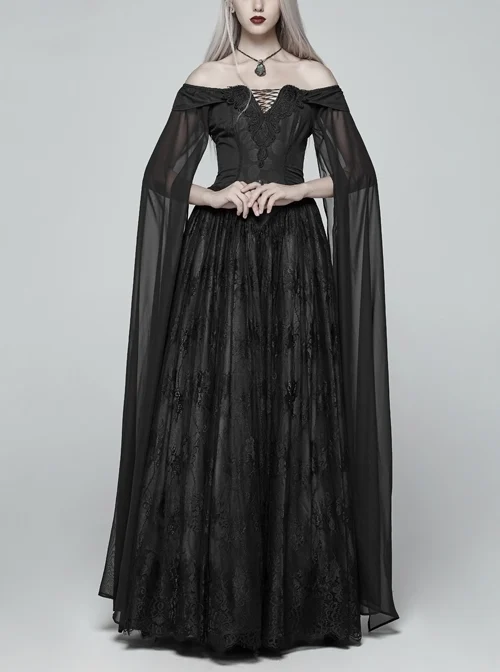 Off-Shoulder Boat Neck Chiffon Poncho Sleeve Back Waist Lace-Up Black Gothic Long Dress