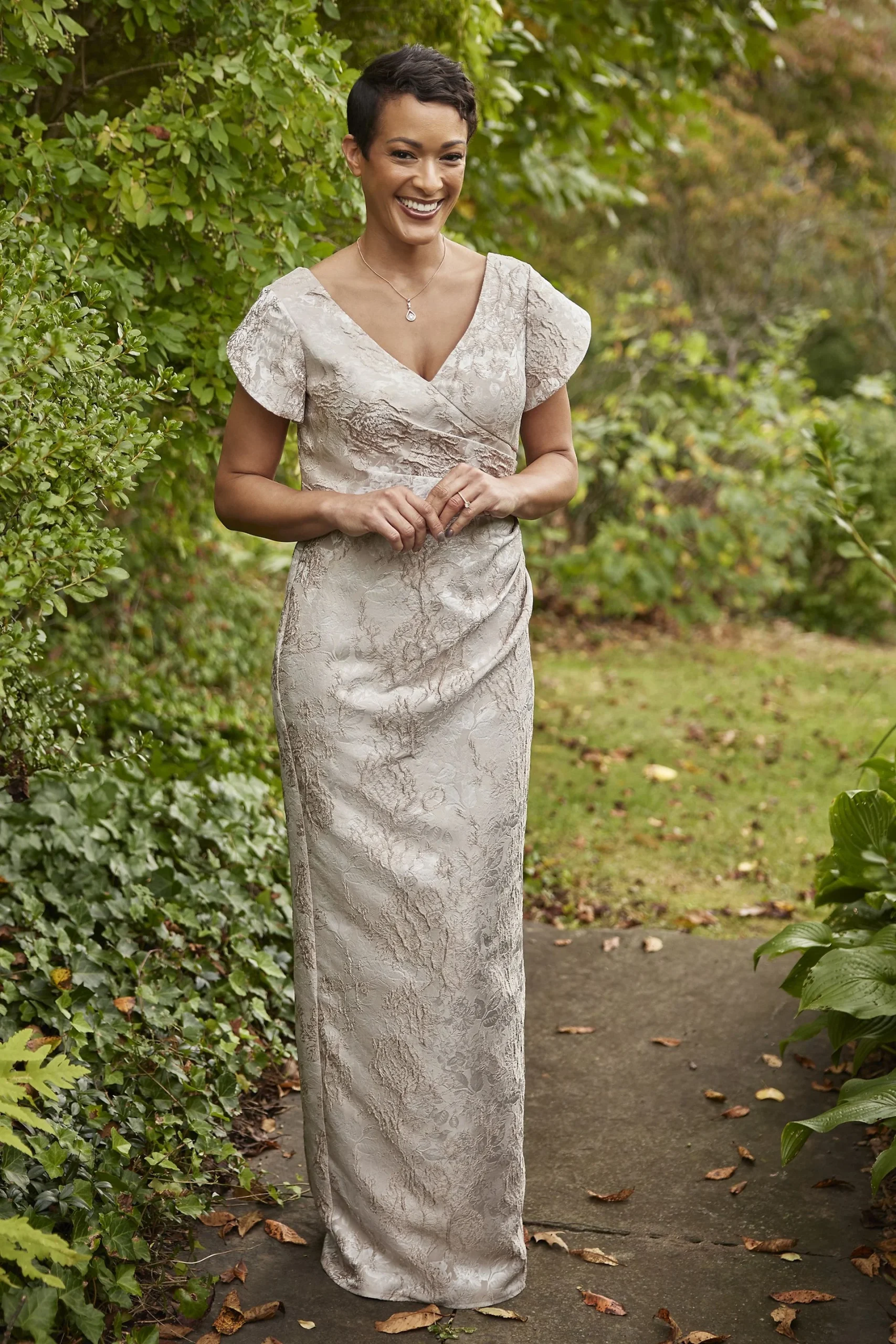 Off-the-Shoulder Brocade Sheath Dress