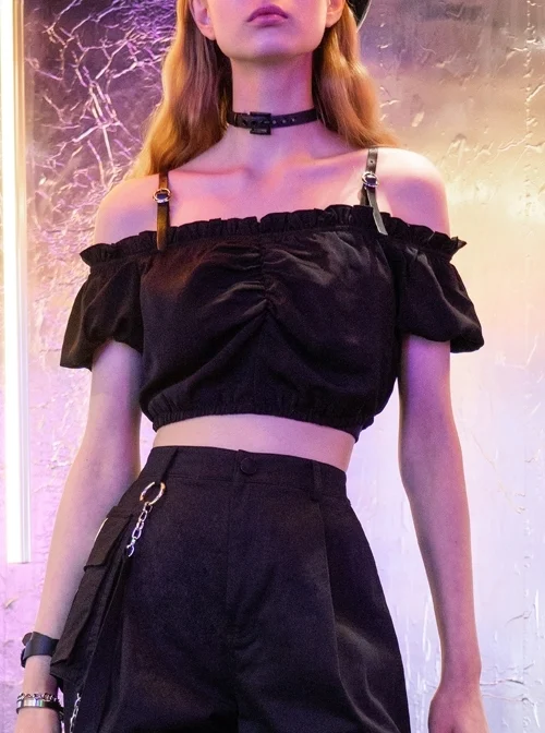 Off-Shoulder Chest Frill Short Bubble Sleeve Hasp Strap Black Crop Punk Top