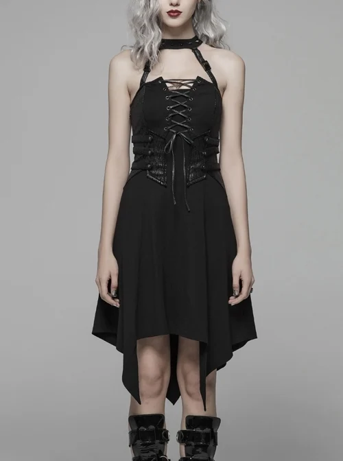 Off-Shoulder Chest Lace-Up Waist Leather Straps Decoration Asymmetric Sharp Corners Hem Black Punk Rivet Halter Dress