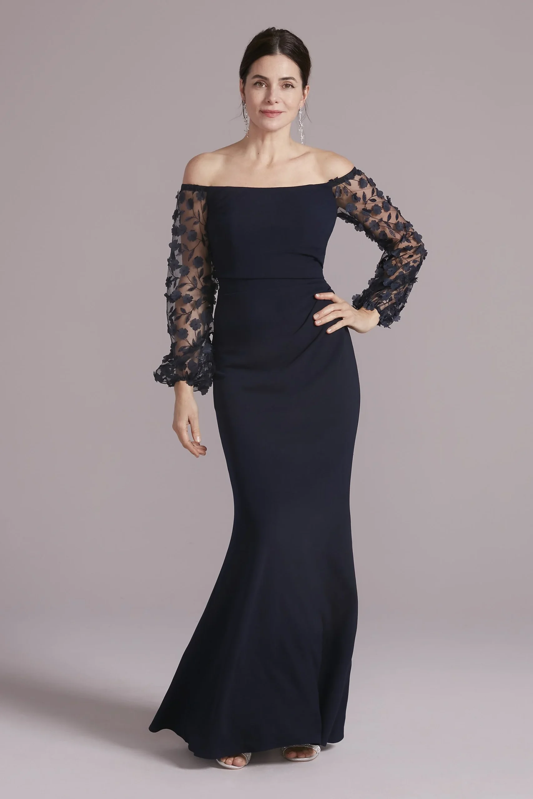 Off-the-Shoulder Crepe Gown with Illusion Sleeves