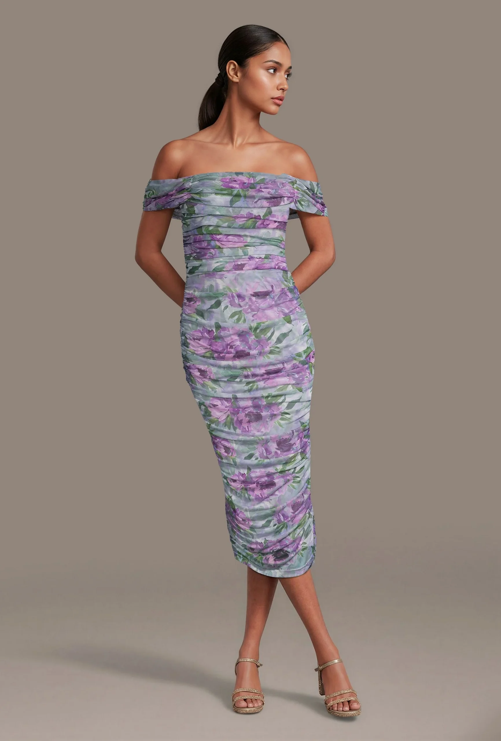 Off-the-Shoulder Floral Mesh Midi Dress