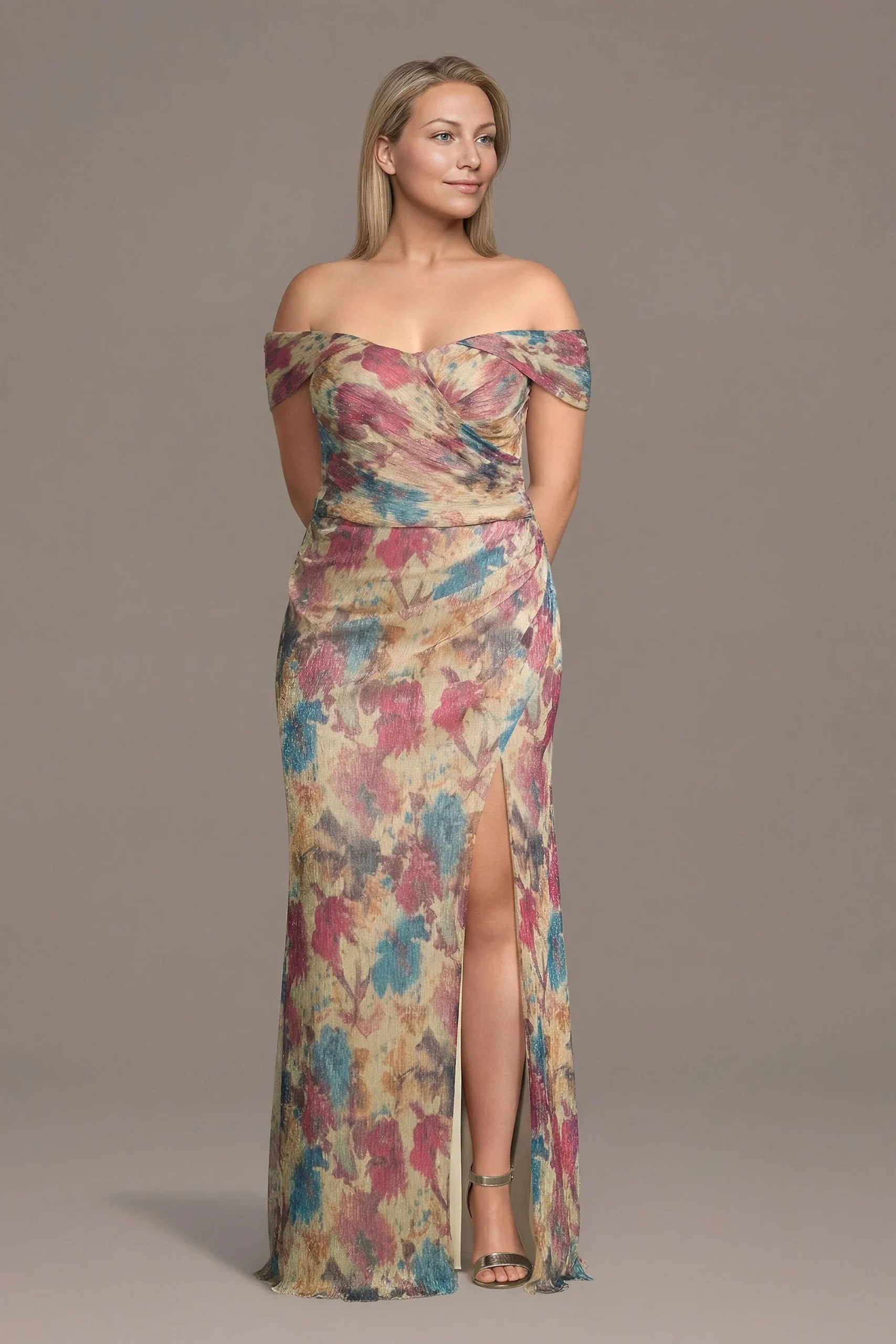 Off-the-Shoulder Floral Metallic Sheath Dress
