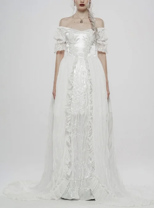 Off-Shoulder Front Chest Decals Back Waist Lace-Up Oversize Pendulum Backswing Mop White Gothic Chiffon Dress