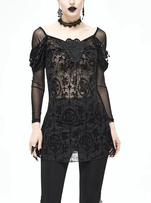 Off-Shoulder Front Chest Decals Bead Sleeve Beaded Tassel Webbing Black Gothic Flocking Print Top