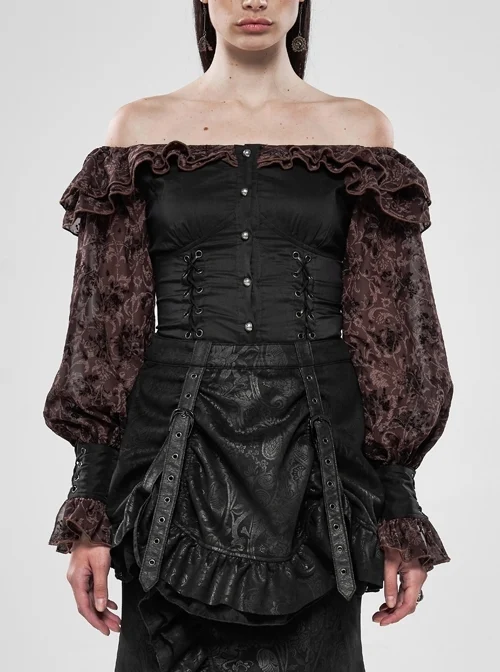 Off-Shoulder Front Chest Frill Lantern Sleeve Back Waist Lace-Up Black And Wine Red Punk Jacquard Retro Chiffon Blouse